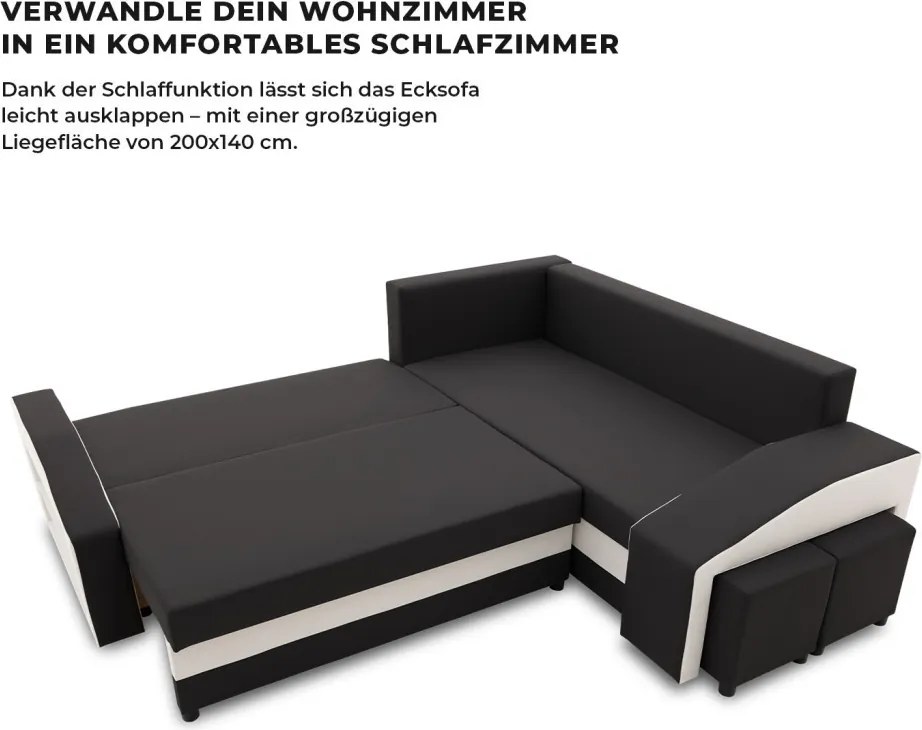 Grande sarokkanapé polcokkal és puffokkal , polc a bal karfaban puffok a jobb karfaban, jobboldali, szövet anyag, hab töltet, fekete - fehér