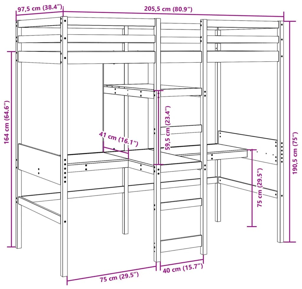tömör fenyő galériaágy-keret asztallal és polcokkal 90 x 200 cm