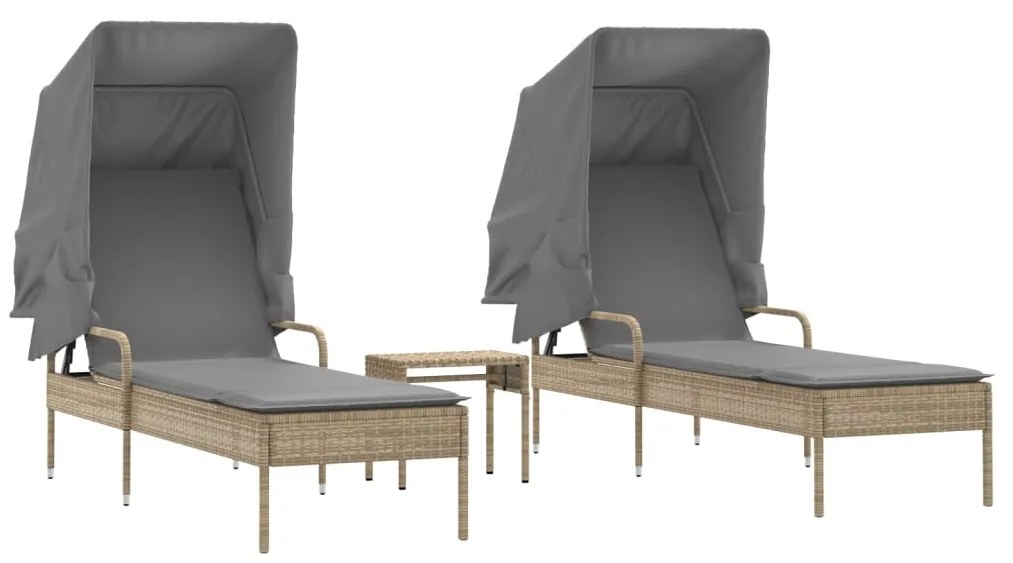 vidaXL 2 db bézs polyrattan napozóágy tetővel és asztallal