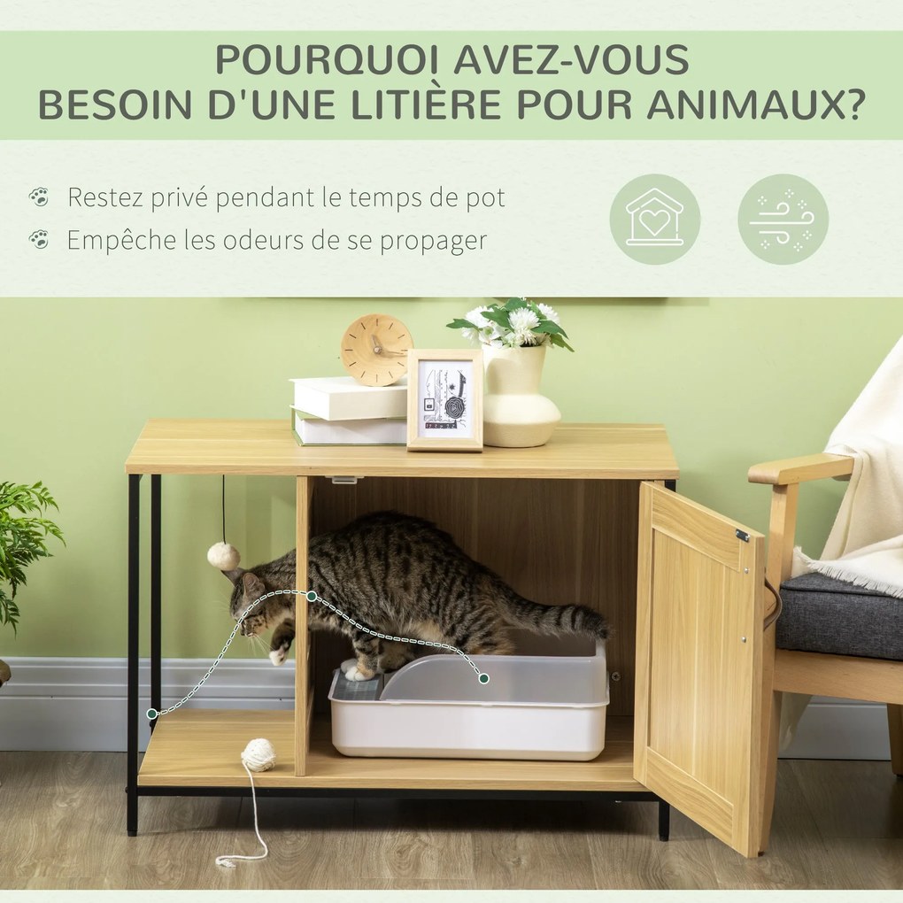 PawHut Macska WC Ház Alomtálca Szekrény Ipari Stílus Macskaajtó Oldalbejárat Függő Labda Acélváz Könnyű Fa Megjelenés | Aosom