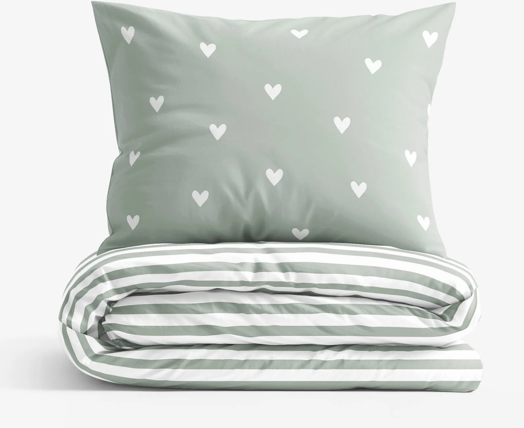 Goldea pamut ágyneműhuzat - szívecskék, zsálya színű csíkos hátoldal 140 x 220 és 70 x 90 cm
