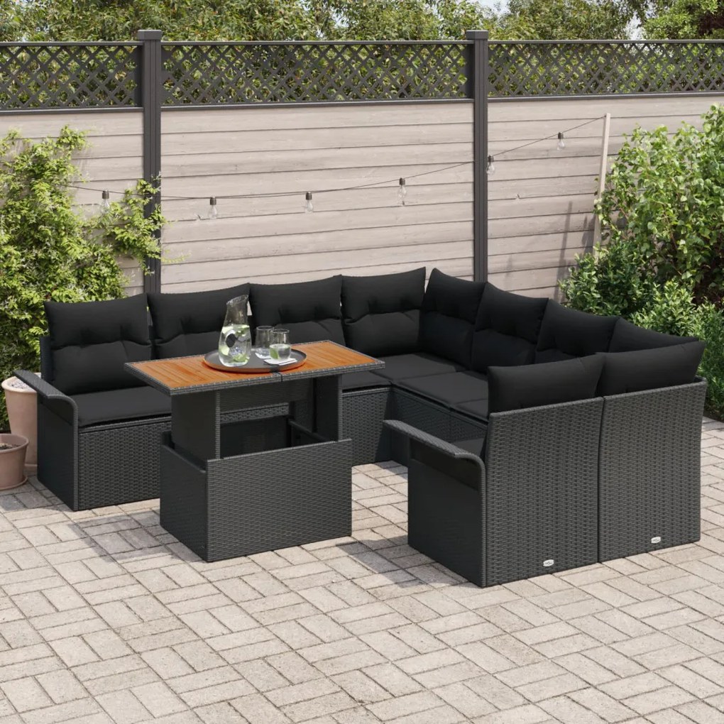 9 Darabos Kerti Sofa Készlet Párnákkal Fekete Poly Rattan Akácia
