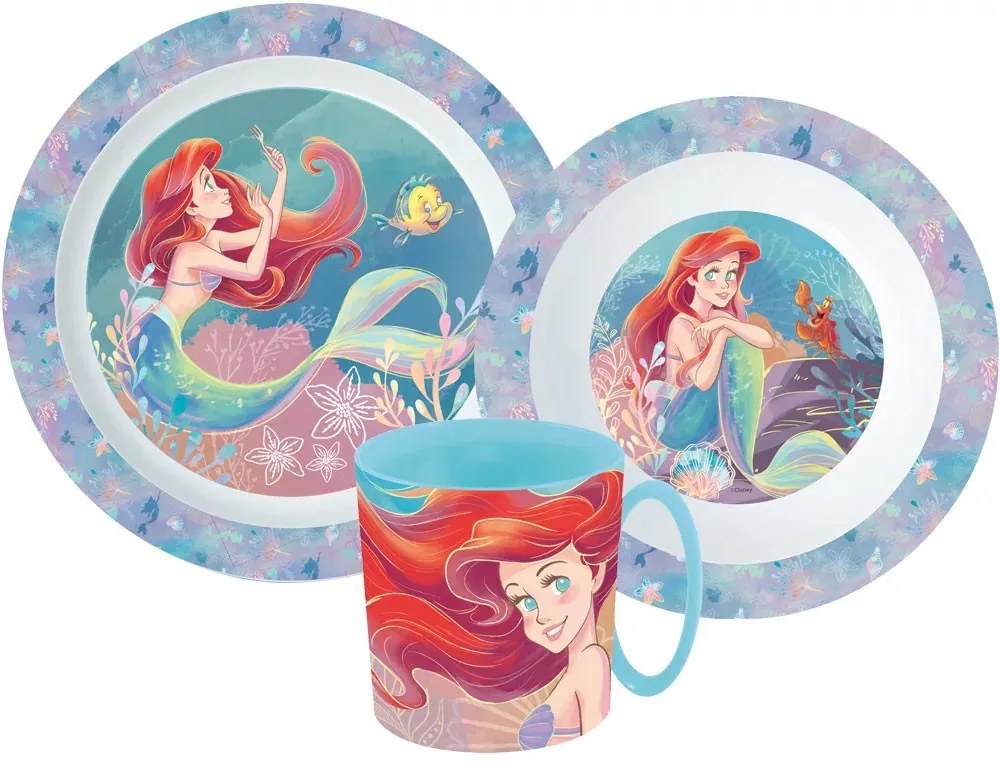 Disney Hercegnők Ariel étkészlet, micro műanyag szett bögrével 350 ml