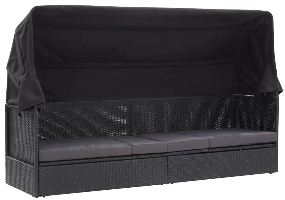 Fekete polyrattan kültéri kanapé napellenzővel