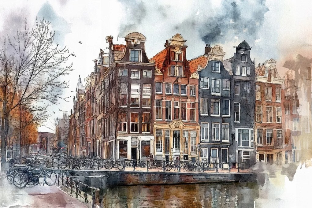 Vászonkép Canvas Amszterdam Csatorna Ősz Bérházak Kerékpárok 60x40