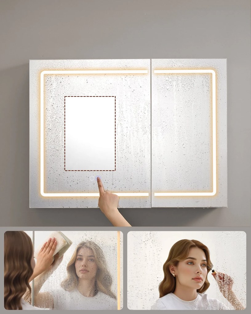 Fürdőszobai faliszekrény tükörrel és LED világítással, 16,5 x 80 x 60 cm, fehér