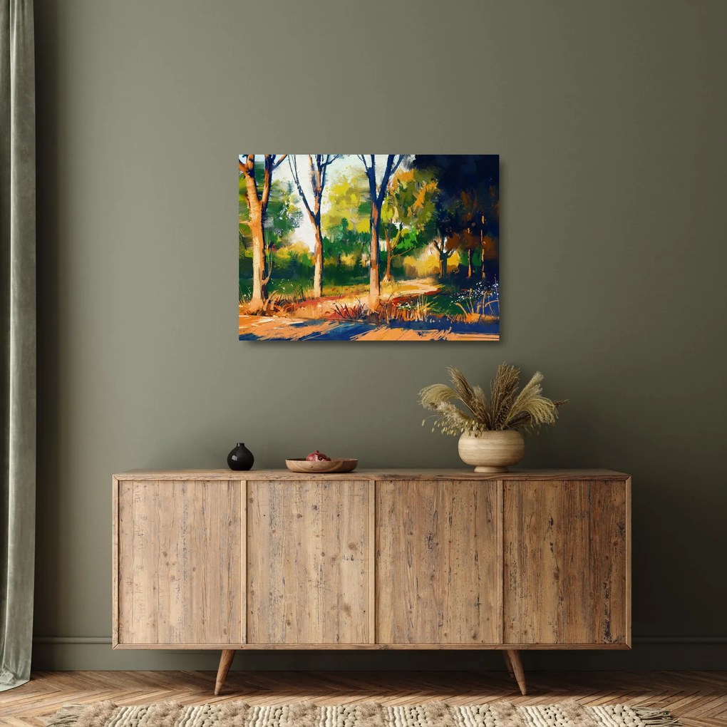 Erdő képe a nyári napsütésben, festmény (üvegen) (70x50 cm)