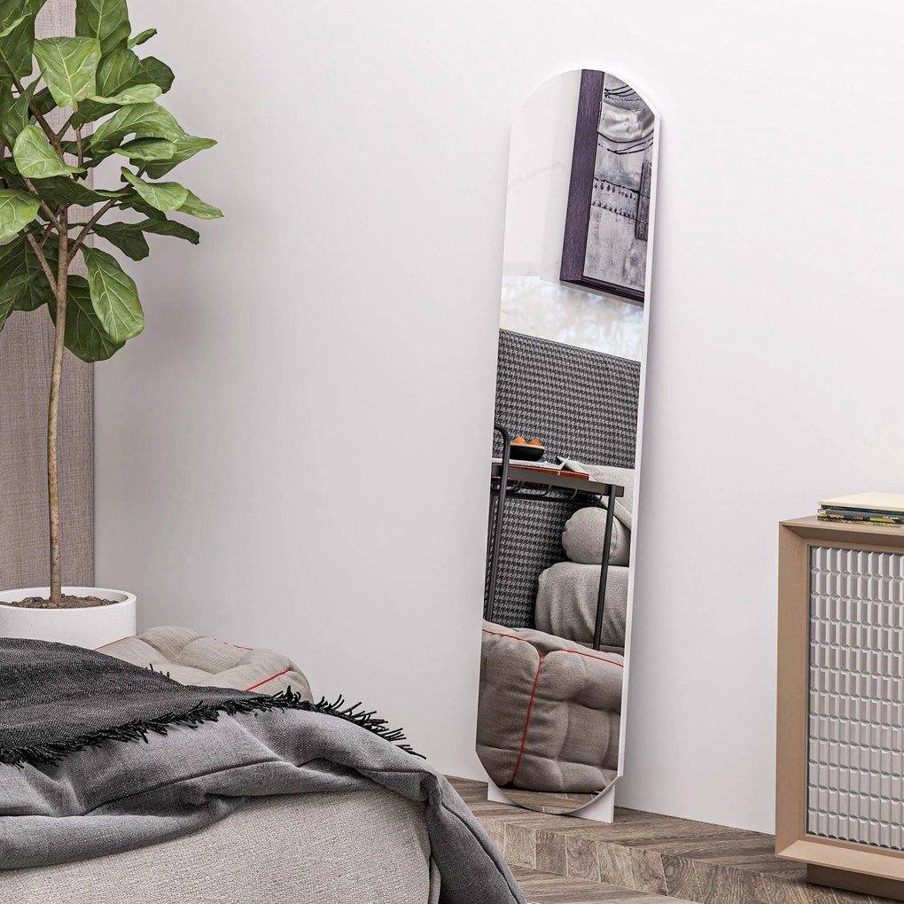 HOMCOM Ívelt Álló Tükör 150 cm, Nagy Tükör Tárolópolccal, Fali vagy Álló Használatra, Hálószobába, Bejárathoz, Előszobába, Fehér | Aosom