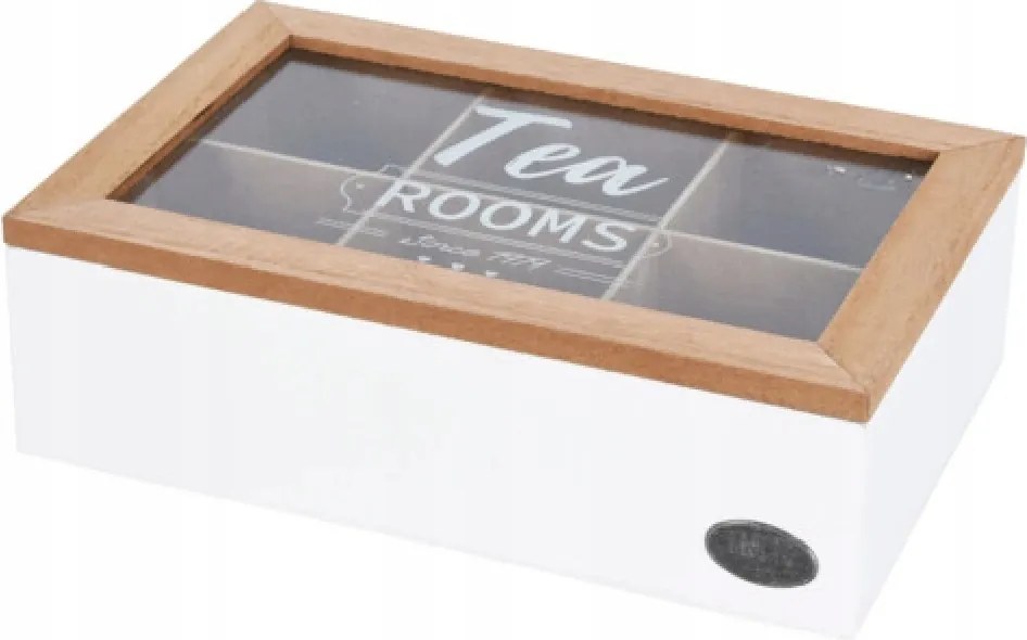 Hat rekeszes teadoboz, fehér, fa fedéllel