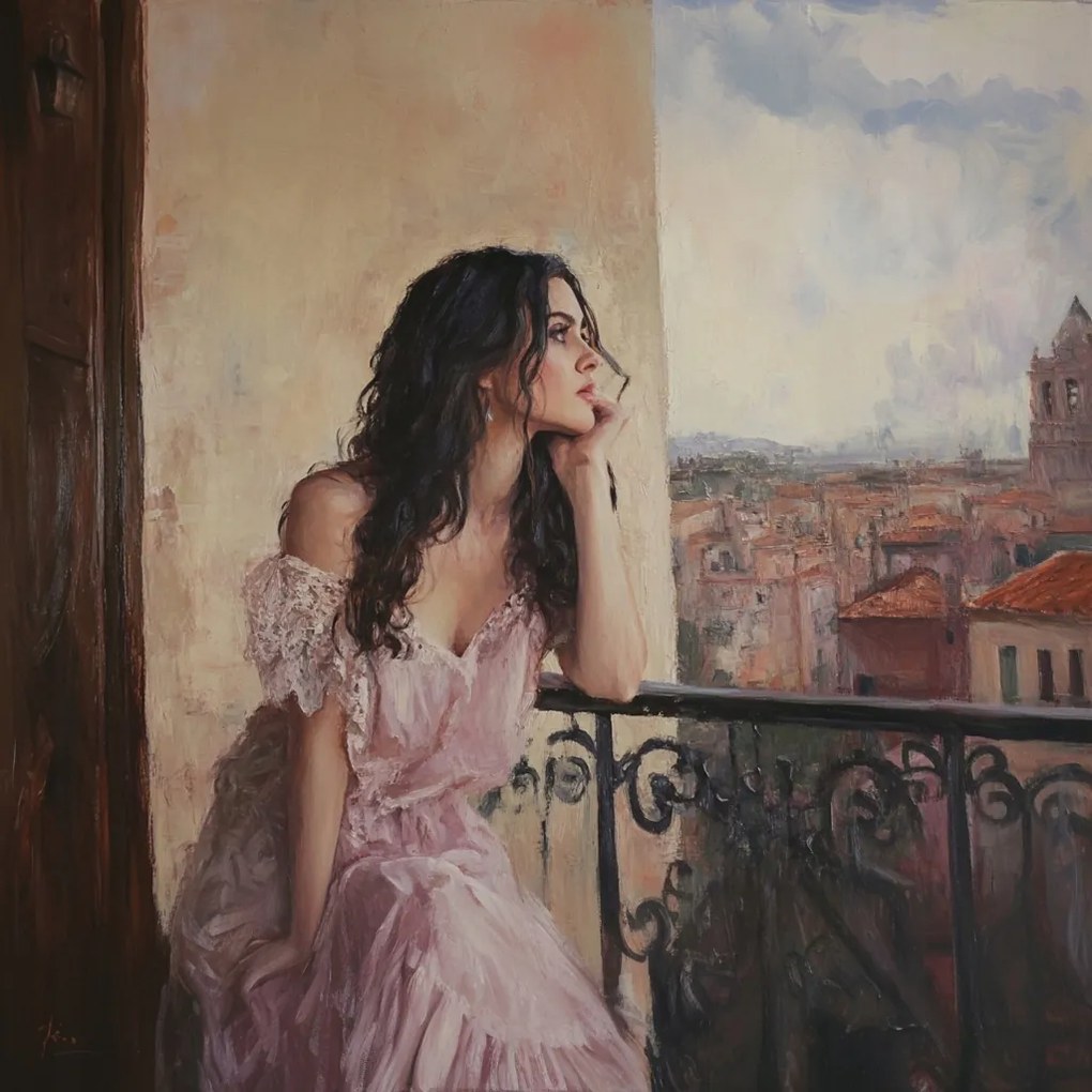 Vászonkép Canvas Portré Nő Erkély Város Olaszország Kilátás 80x80