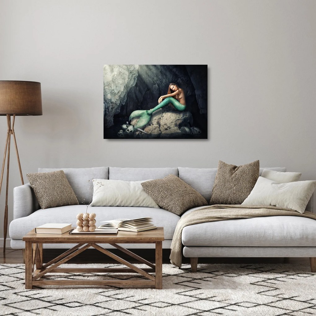 Üveg kép - Hableány a sziklán (70x50 cm)