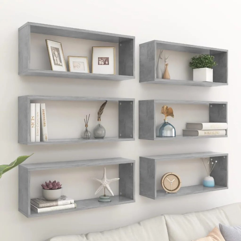 6 db betonszürke szerelt fa négyszögű fali polc 60 x 15 x 23 cm