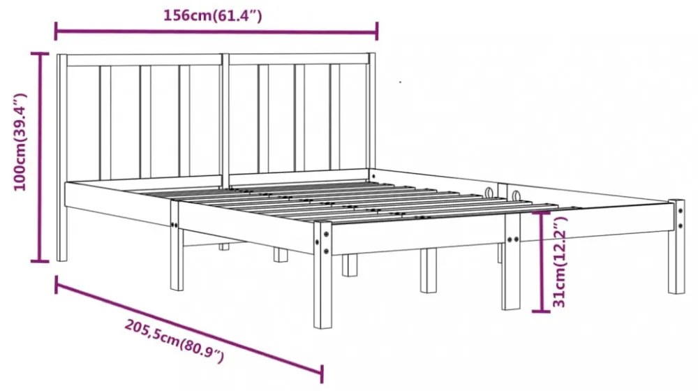 King Size fekete tömör fenyőfa ágykeret 150 x 200 cm