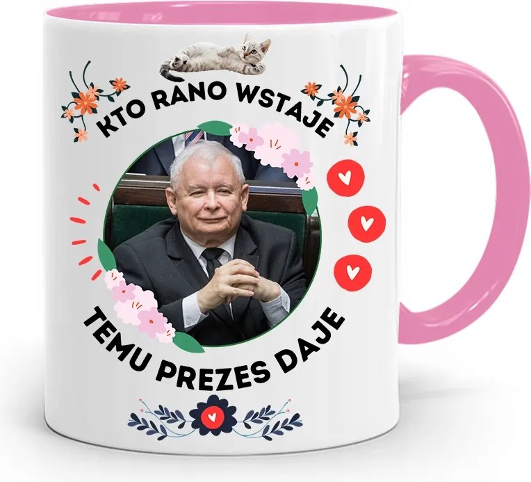Rózsaszín Vicces Bögre Jaroslaw Kaczynski fényképes nyomattal