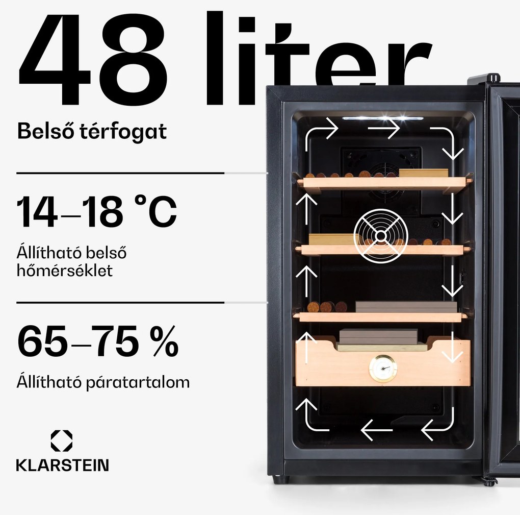 Klarstein El Presidente 48 szivarhumidor, 48 l, 3 polc, 1 rekesz, cédrusfa