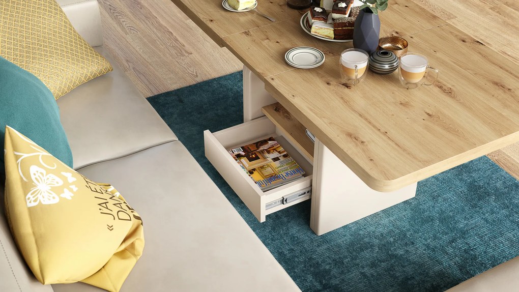 Mazzoni LEXUS Artisan Tölgy/Bézs (Pezsgőszínű) - MODERN DOHÁNYZÓASZTAL NYITHATÓ/MAGASÍTHATÓ ÉTKEZŐASZTAL ÉS DOHÁNYZÓASZTAL EGYBEN