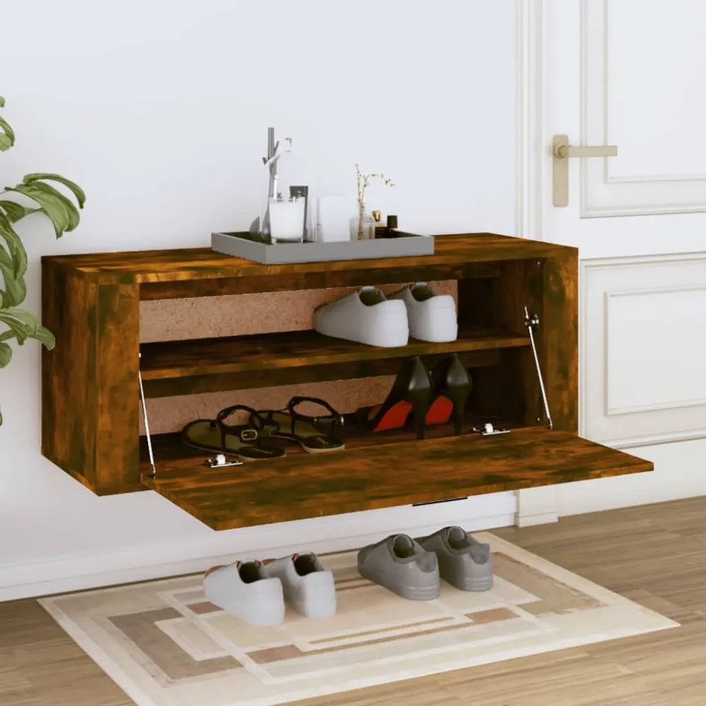 füstös tölgy színű szerelt fa fali cipősszekrény 100x35x38 cm