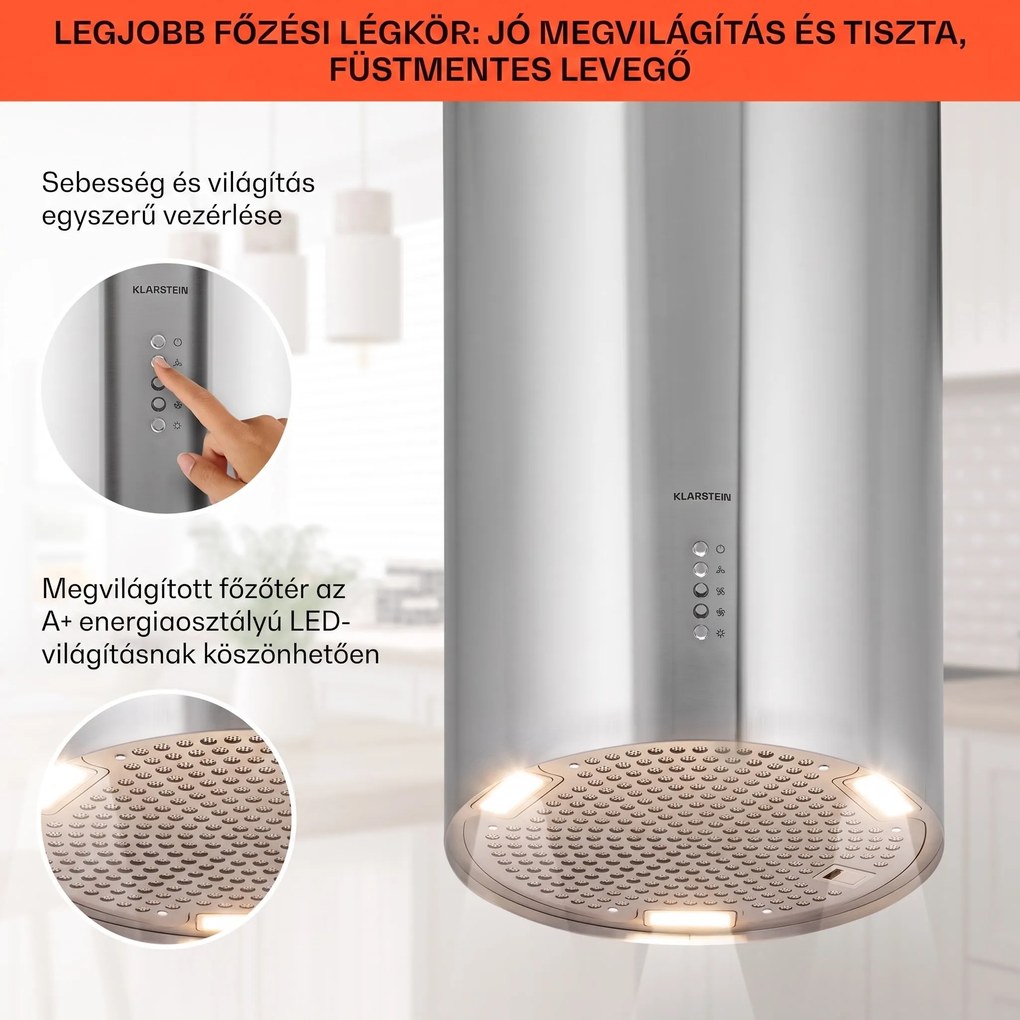 Klarstein Bolea, sziget páraelszívó, Ø 90 cm, recirkulációs/elszívás üzemmód, 651 m³/ó, LED, aktívszén szűrőkkel
