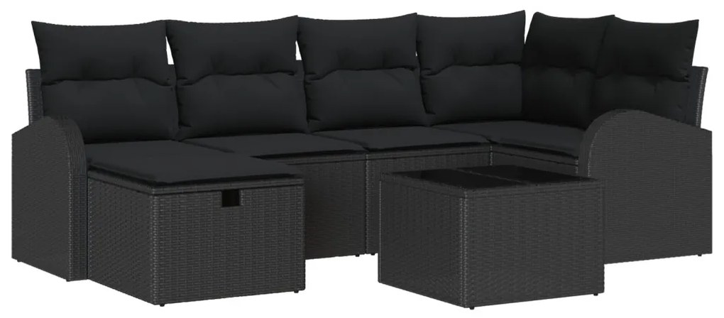7 darabos kert kanapészett párnákkal fekete poli rattan, 2 személyes kert kanapé tárolóval és párnákkal fekete poli rattan