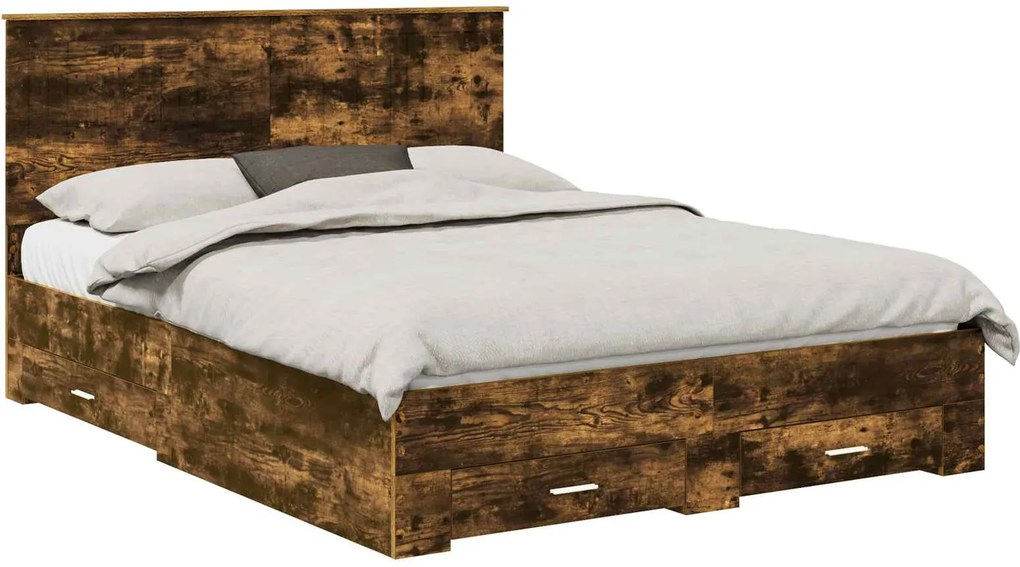 vidaXL Ágykeret fejtámlával fiókkal Füstölt tölgy 150 x 200 cm Faanyag