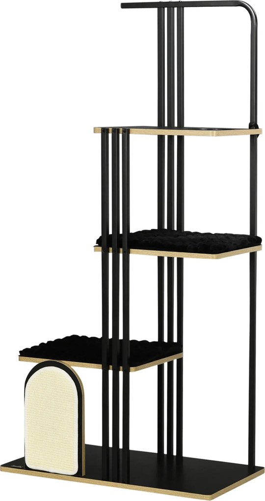 PawHut Macska Fa 170 cm Kaparóoszlop párnával, Mászófa Kaparófelülettel, 3 Szintes Macska Fa, Macska Bútor, Acél, Fekete | Aosom