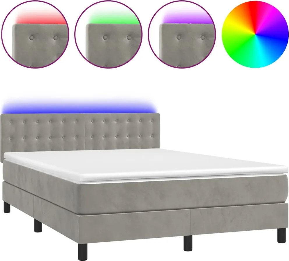 vidaXL világosszürke bársony rugós és LED-es ágy matraccal 140x190 cm