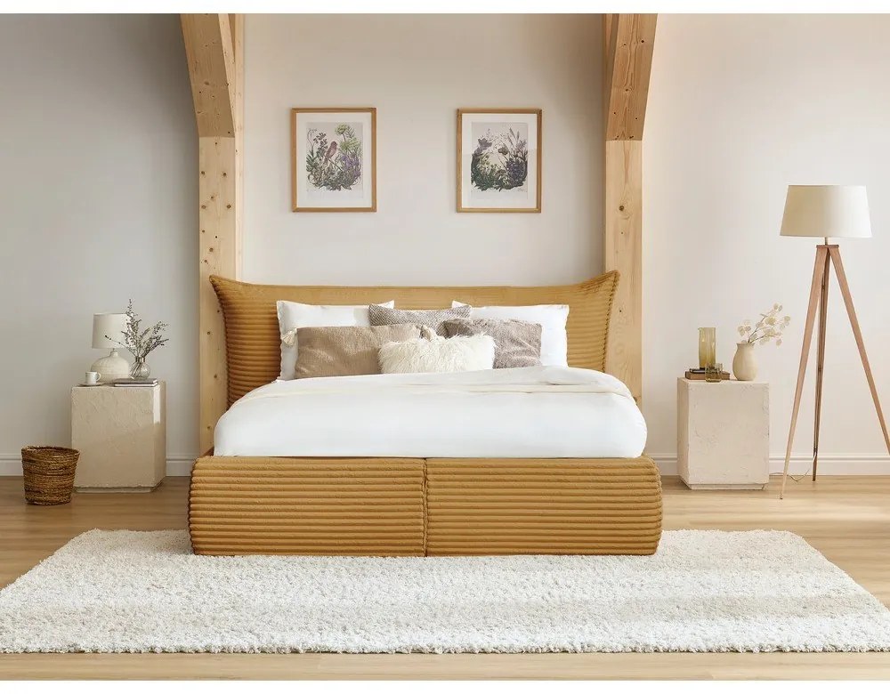 Sárga kárpitozott ágyneműtartós franciaágy ágyráccsal 160x200 cm Jade – Bobochic Paris