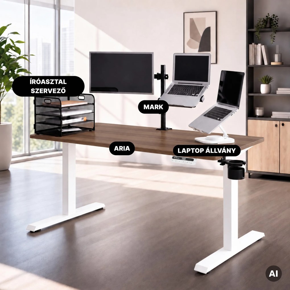 Elektromos, állítható magasságú, ergonomikus, fehér/dió íróasztal,1400x700 mm: ARIA