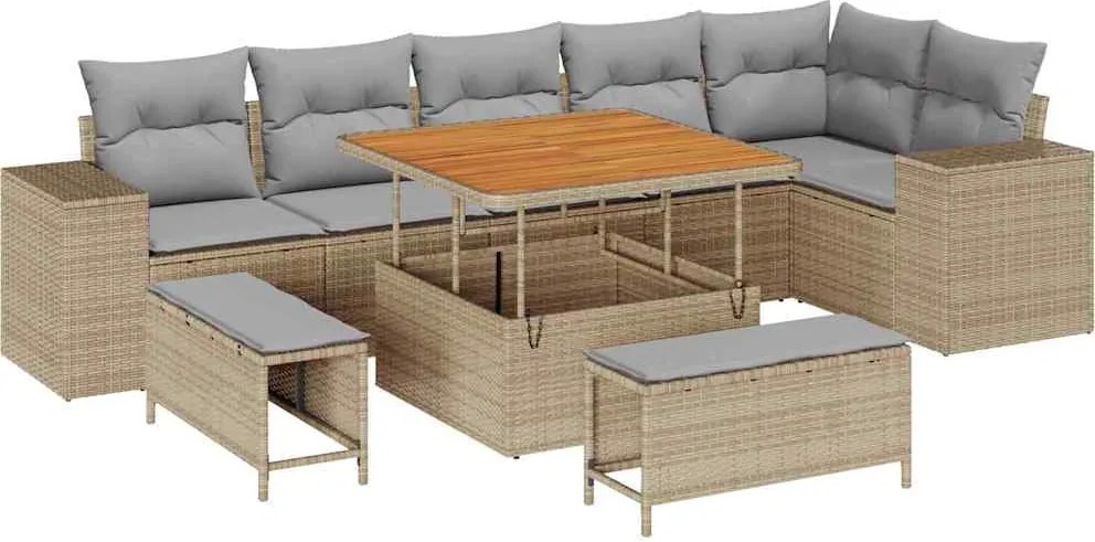 vidaXL Kerti Kanapé Szett 9 pcs Beige és Világosszürke polirattan