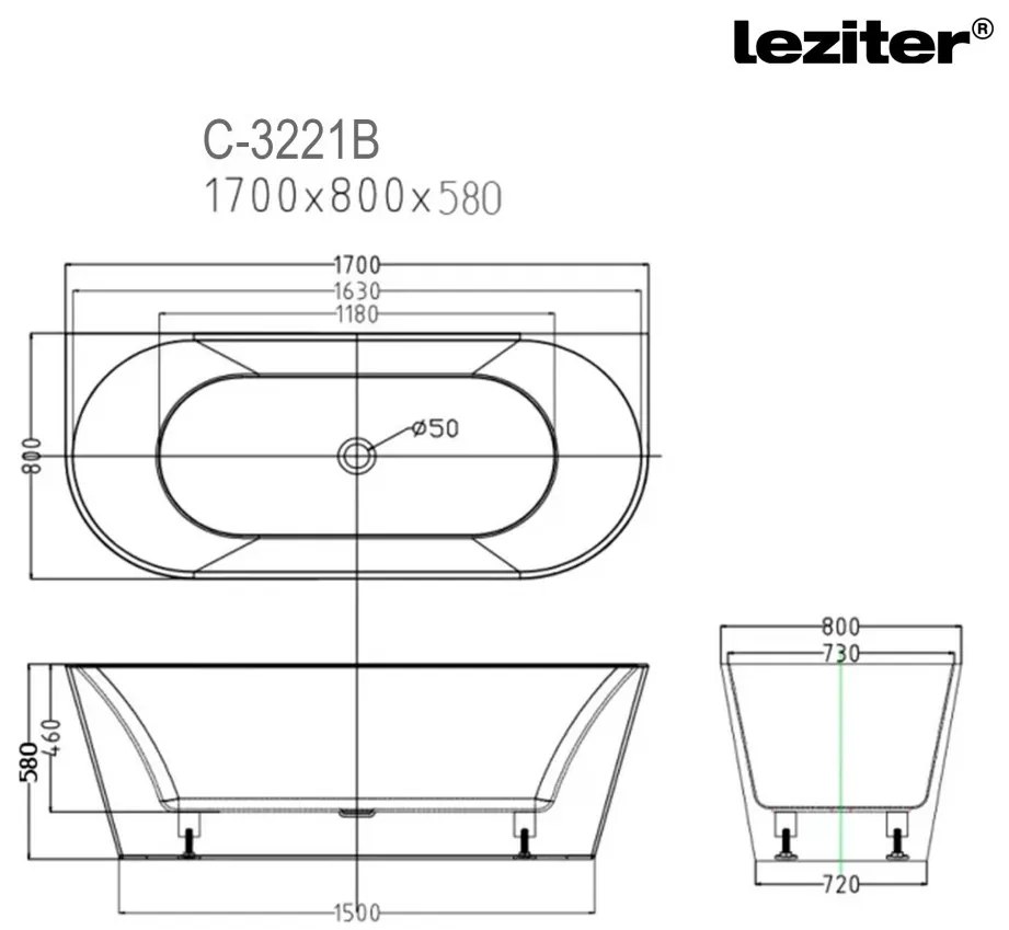 Still szabadon álló fürdőkád 170x80x58 cm fekete