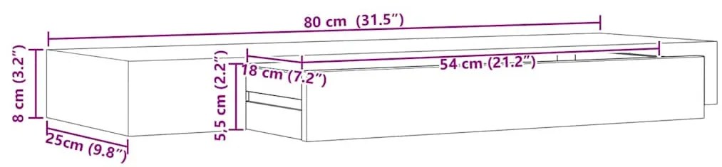 fekete lebegő fali polc fiókkal 80 x 25 x 8 cm