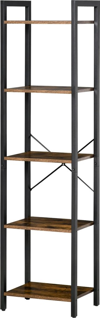 HOMCOM Ipari 5 K ёjес Könyvespolc Tároló Fém Kerettel Nappali, Iroda, Konyha, Hálószoba 40x30x154 cm Rusztikus Barna | Aosom