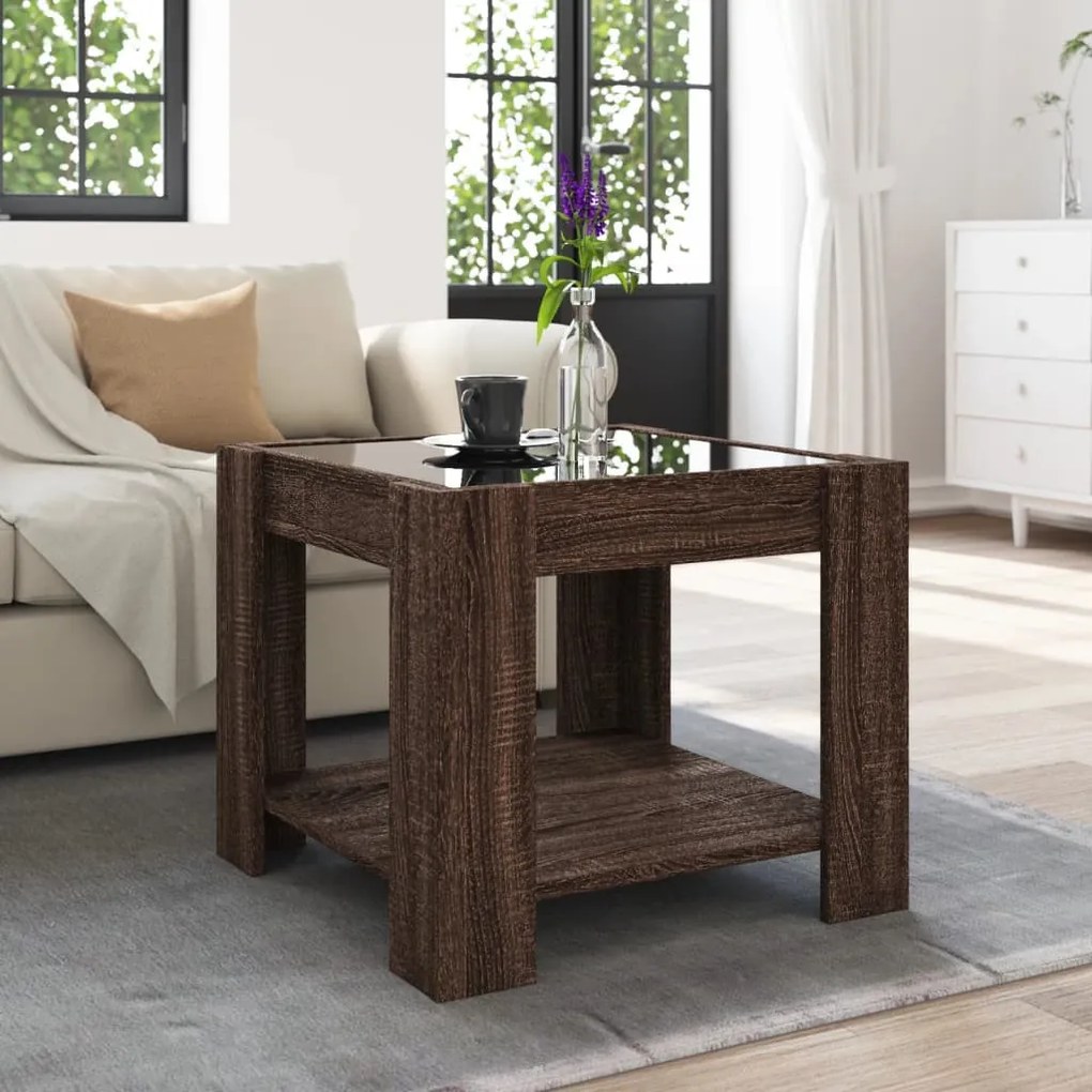 Barna tölgy szerelt fa dohányzóasztal LED-del 53 x 53 x 45 cm