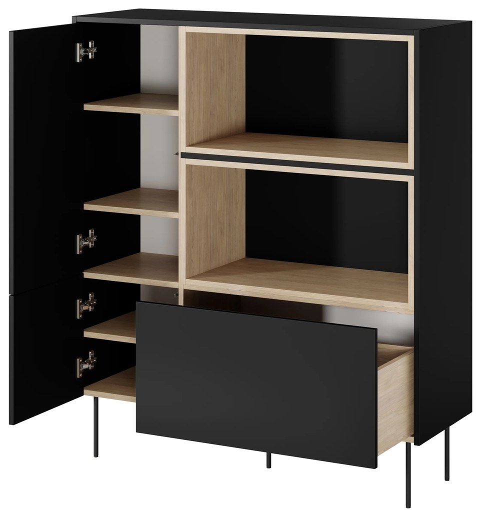 Desin magas komód 120 cm kétajtós fiókkal és nyitott polcokkal - fekete matt / nagano tölgy