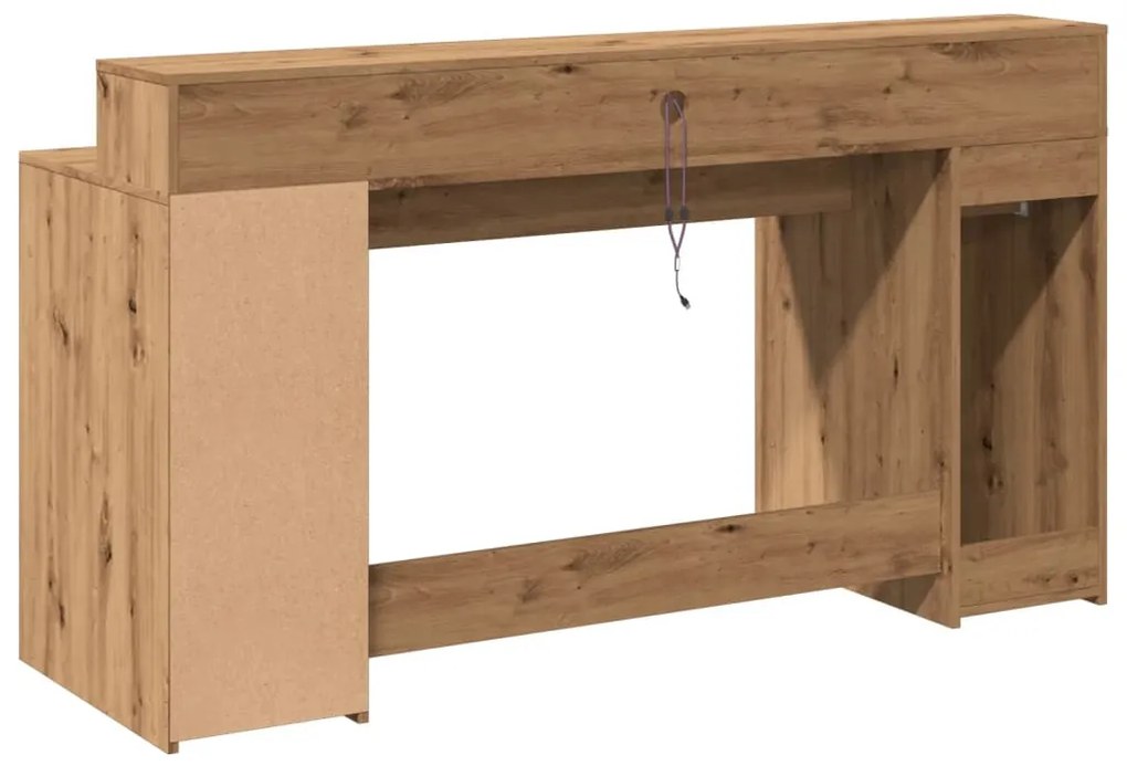 kézműves tölgy színű szerelt fa LED-es íróasztal 160x55x91 cm
