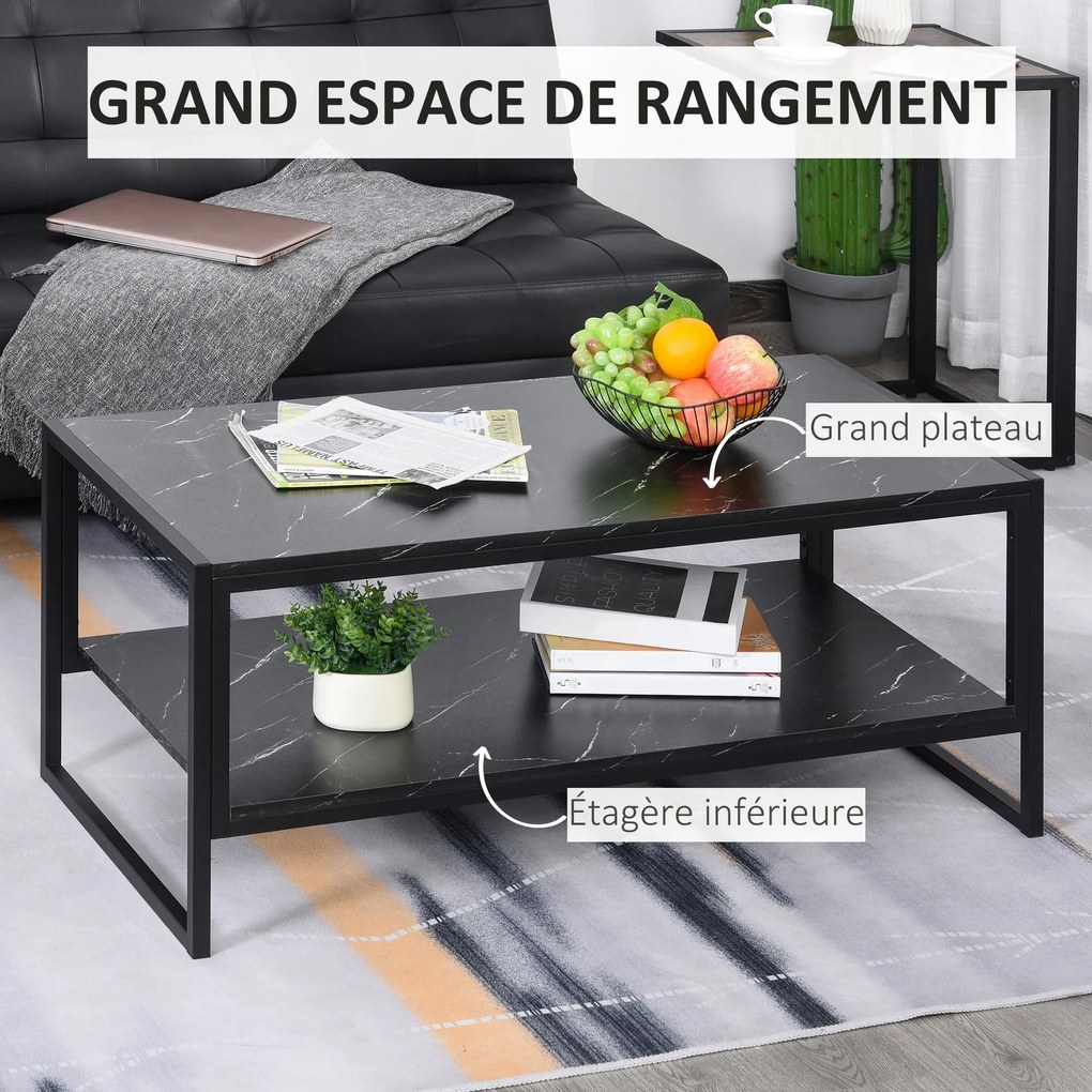 HOMCOM Modern Stílusú Kávézóasztal 2 Polccal 106 x 50 x 47 cm Fekete | Aosom
