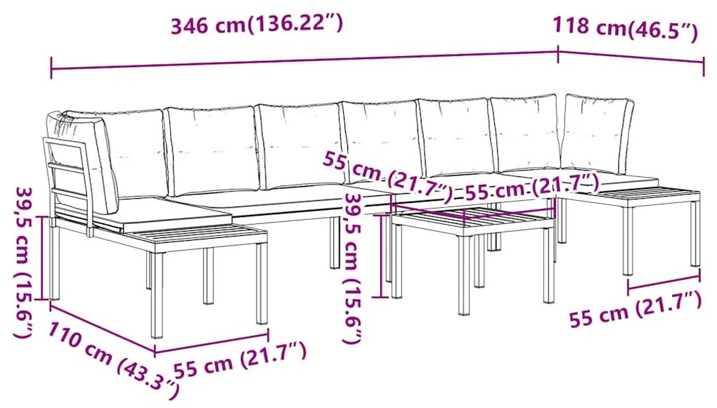 5 részes fekete porszórt acél kerti kanapészett párnával