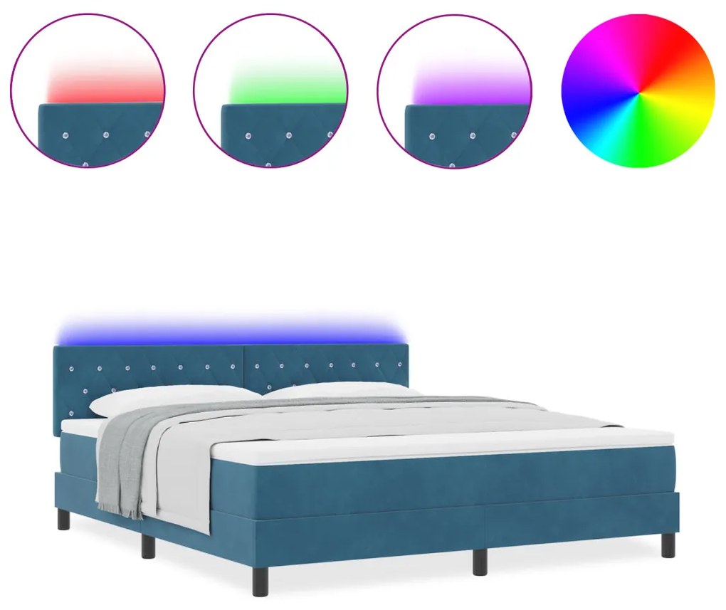 Boxspring Ágy Matrac LED-del Sötét Kék 180x200 cm Bársony