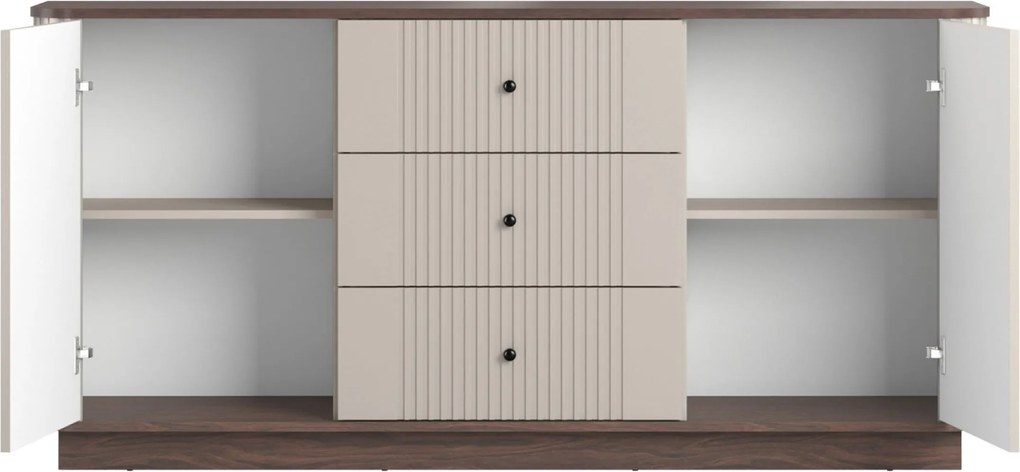 Vesper komód 160 cm fiókokkal szegélytalpon - kasmír / dió / fekete fogantyúk