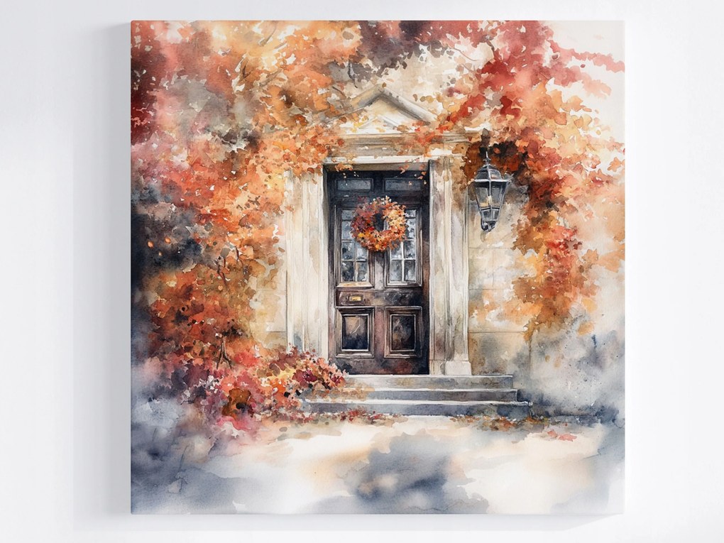 Vászonkép Canvas Város Ház Ajtó Koszorú Ősz Dekoráció 80x80
