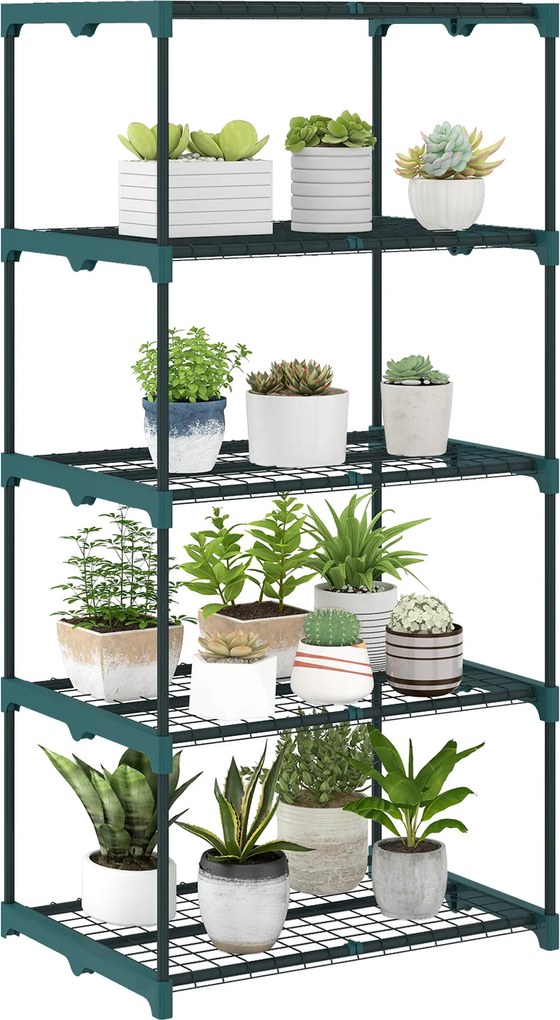 Outsunny 5 szintes acél növényállvány – beltéri/kültéri, sötétzöld, 67 × 49 × 138 cm | Aosom