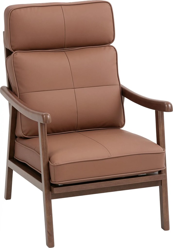 HOMCOM Kárpitozott Karosszék Fa Kerettel és Vastag Párnákkal, Magas Hátámlával, 150 kg Teherbírású Olvasószék Nappaliba és Hálószobába Barna és Dió Fa