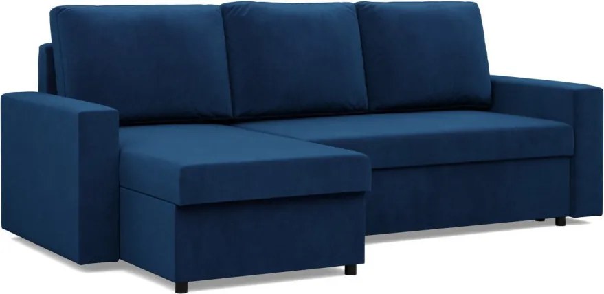 Zeus sarokkanapé, 2 ágyneműtartóval, egyenes kartámasz, bársony, univerzális oldal, bonell töltet, kék