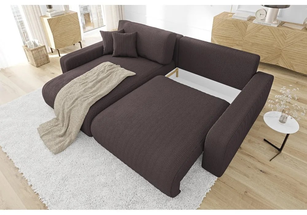 Barna kordbársony kinyitható sarokkanapé (variálható) Sara – Ropez
