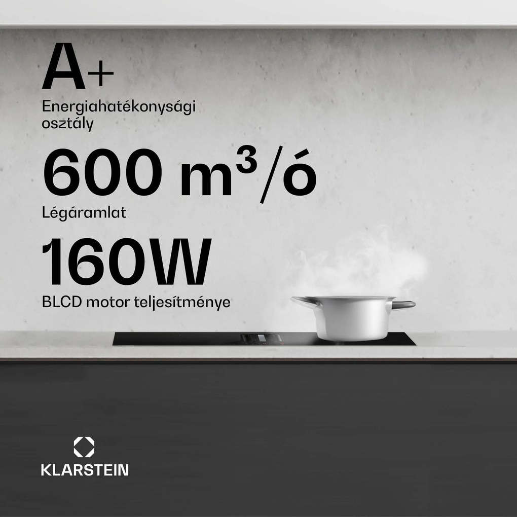 Klarstein AirJet Hybrid Down Air System, Indukciós főzőlap beépített páraelszívóval, 477 m³/h, EEK A+