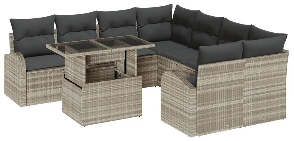 9 Darabos Kerti Kanapé Szett Párnákkal Világosszürke Rattan, 2-Fős Kerti Kanapé Tárolóval és Párnákkal Világosszürke Rattan