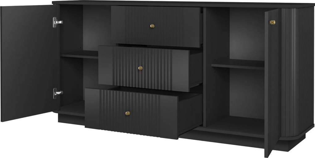 Vesper komód 160 cm fiókokkal lábazaton - fekete / arany fogantyúk