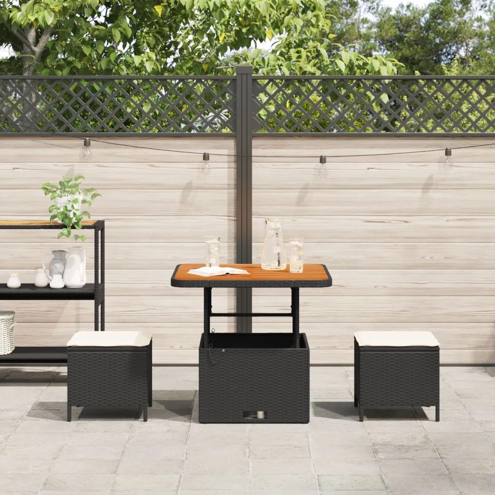 3 darabos kerti étkező szett párnákkal fekete polyrattan akáccal