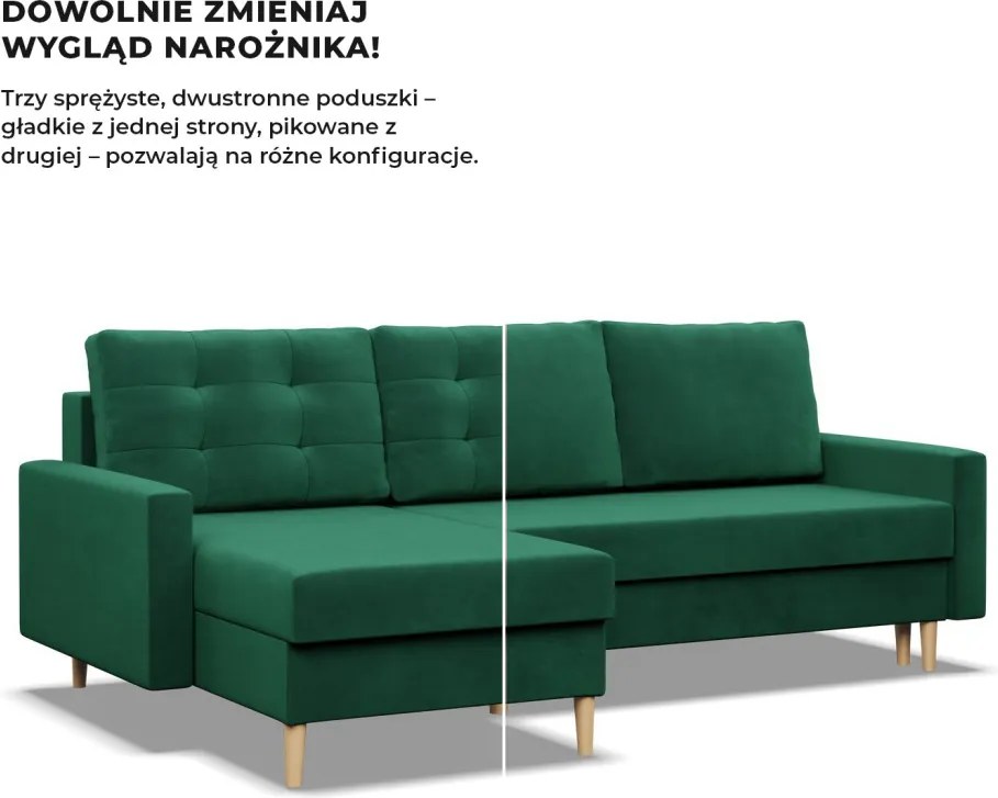 Etna sarokkanapé, 2 ágyneműtartóval, bársony, univerzális oldal, bonell töltet, zöld
