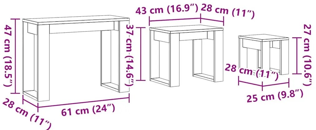 3 db antik fa színű szerelt fa egymásba tolható asztal